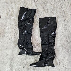 Black Croc-Embossed Knee-High Boots